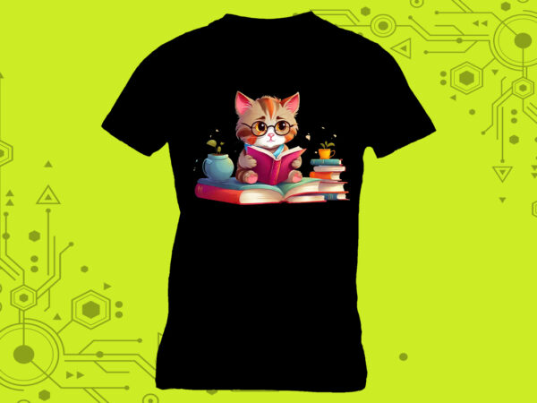 Cat reading book illustration clipart a delightful choice for a t-shirt meticulously crafted for print on demand websites