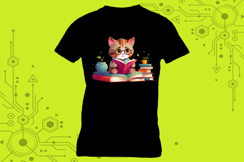 Cat reading book illustration clipart a delightful choice for a t-shirt meticulously crafted for Print on Demand websites