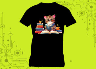 Cozy t-shirt design featuring an adorable cat engrossed in a good book curated specifically for Print on Demand websites