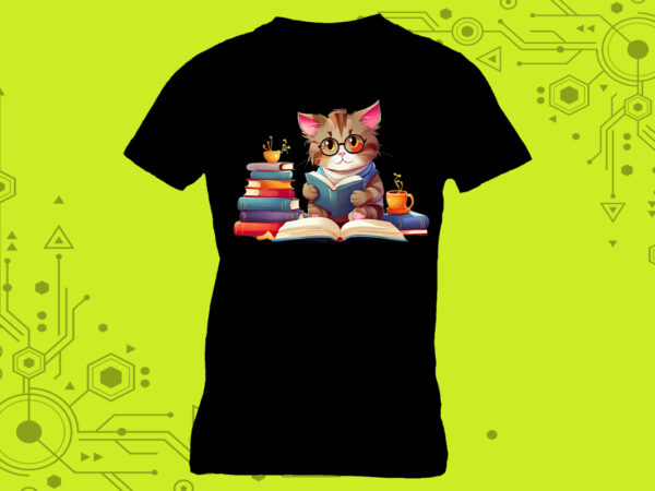 Cozy t-shirt design featuring an adorable cat engrossed in a good book curated specifically for print on demand websites