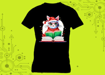 Whiskered reader cat in an illustration clipart for a book-themed tshirt meticulously crafted for Print on Demand websites