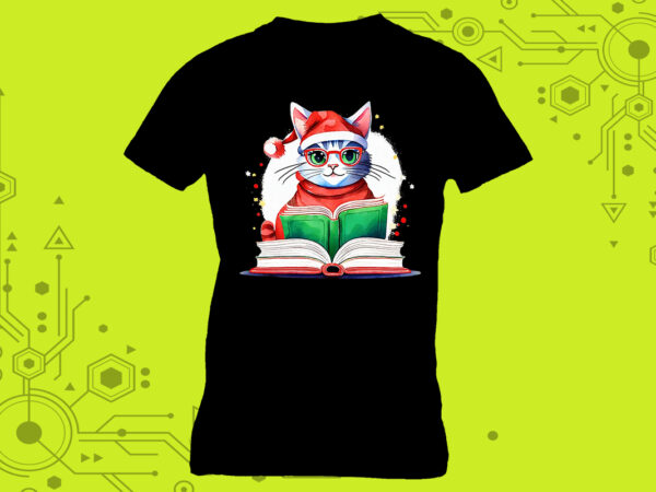 Whiskered reader cat in an illustration clipart for a book-themed tshirt meticulously crafted for print on demand websites