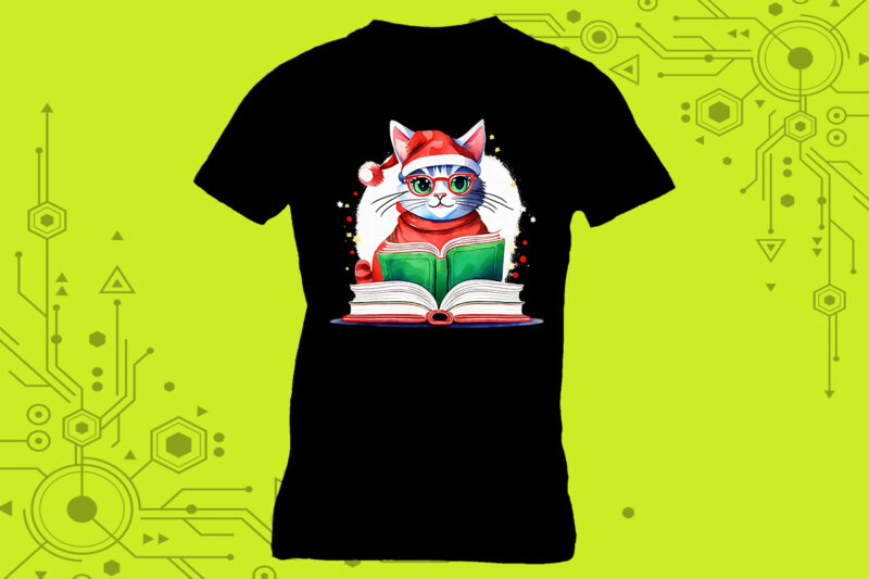 Whiskered reader cat in an illustration clipart for a book-themed tshirt meticulously crafted for Print on Demand websites