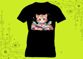 A cat engrossed in a book perfect for a tshirt design illustration curated specifically for Print on Demand websites