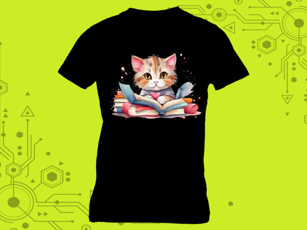 A cat engrossed in a book perfect for a tshirt design illustration curated specifically for print on demand websites