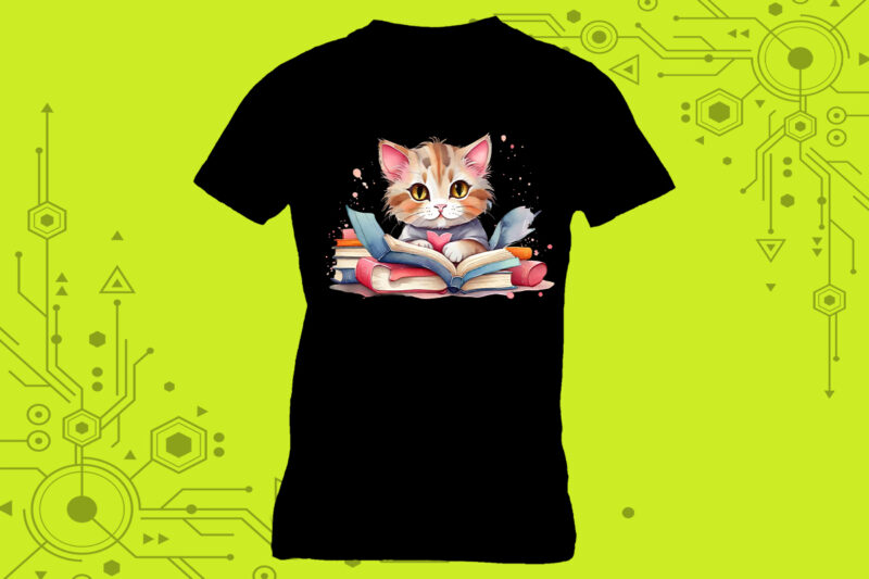 A cat engrossed in a book perfect for a tshirt design illustration curated specifically for Print on Demand websites