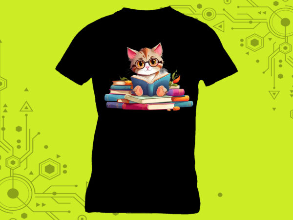 Cat reading book illustration graphics for t-shirt design expertly crafted for print on demand websites Cat reading book illustration graphics for t-shirt design expertly crafted for print on demand websites