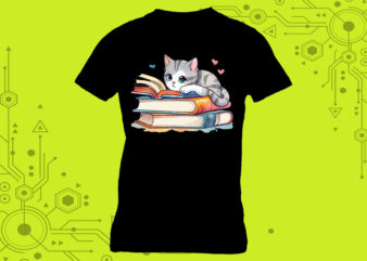 T-shirt design featuring a cat absorbed in reading with book lover vibes meticulously crafted for Print on Demand websites
