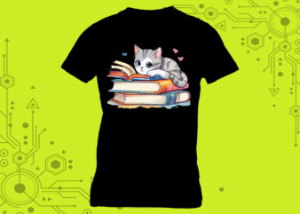 T-shirt design featuring a cat absorbed in reading with book lover vibes meticulously crafted for Print on Demand websites