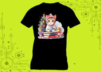 Whiskered reader cat in an illustration clipart for a book-themed tshirt meticulously crafted for Print on Demand websites