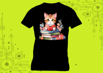 Book-loving cat illustration clipart designed for a stylish tshirt meticulously crafted for Print on Demand websites