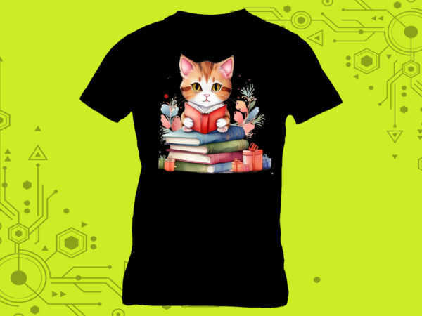 Book-loving cat illustration clipart designed for a stylish tshirt meticulously crafted for print on demand websites