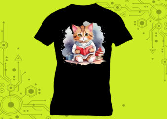 Cat reading book illustration clipart a delightful choice for a t-shirt meticulously crafted for Print on Demand websites