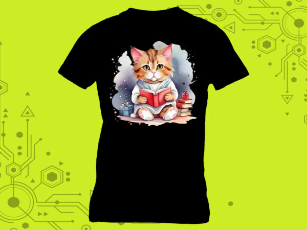 Cat reading book illustration clipart a delightful choice for a t-shirt meticulously crafted for print on demand websites