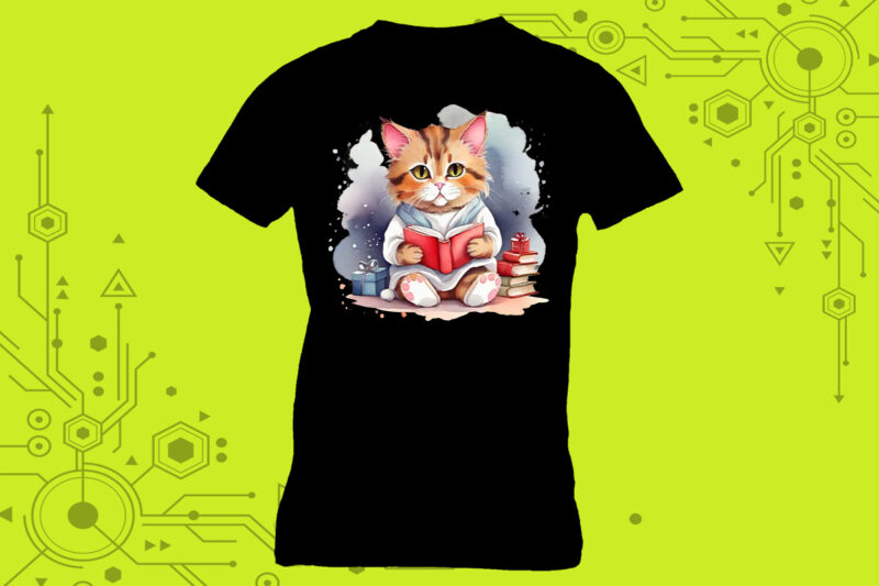 Cat reading book illustration clipart a delightful choice for a t-shirt meticulously crafted for Print on Demand websites