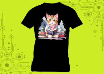 Cartoon Character Cozy t-shirt design featuring an adorable cat engrossed in a good book curated specifically for Print on Demand websites