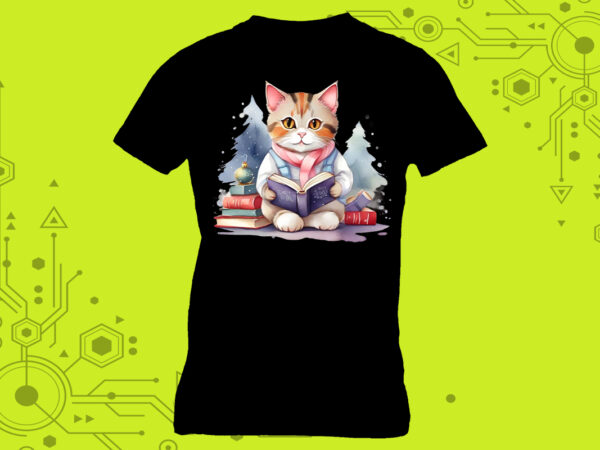 Cartoon character cozy t-shirt design featuring an adorable cat engrossed in a good book curated specifically for print on demand websites