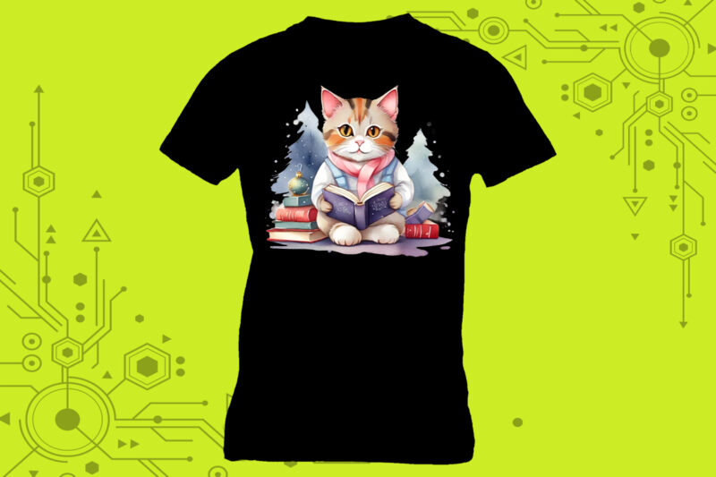 Cartoon Character Cozy t-shirt design featuring an adorable cat engrossed in a good book curated specifically for Print on Demand websites