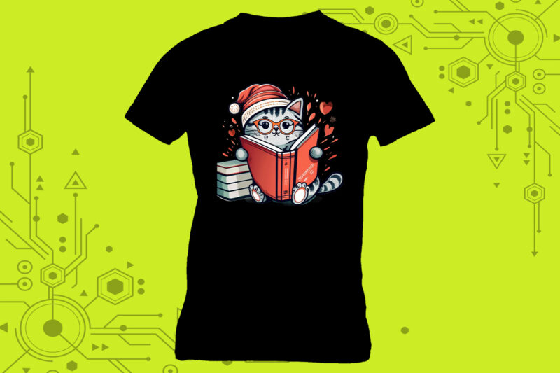 Book-loving cat illustration clipart designed for a stylish tshirt meticulously crafted for Print on Demand websites