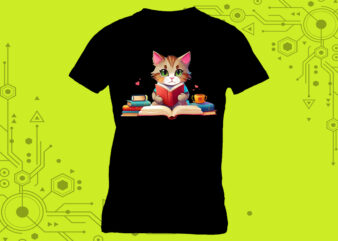 A cat engrossed in a book perfect for a tshirt design illustration curated specifically for Print on Demand websites