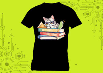 Clipart of a literary feline for a cozy t-shirt design for Print on Demand websites