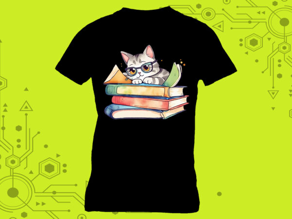 Clipart of a literary feline for a cozy t-shirt design for print on demand websites