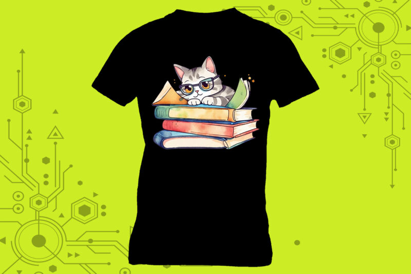 Clipart of a literary feline for a cozy t-shirt design for Print on Demand websites