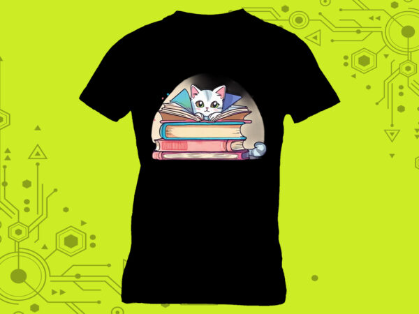 Book-loving cat illustration clipart designed for a stylish tshirt meticulously crafted for print on demand websites