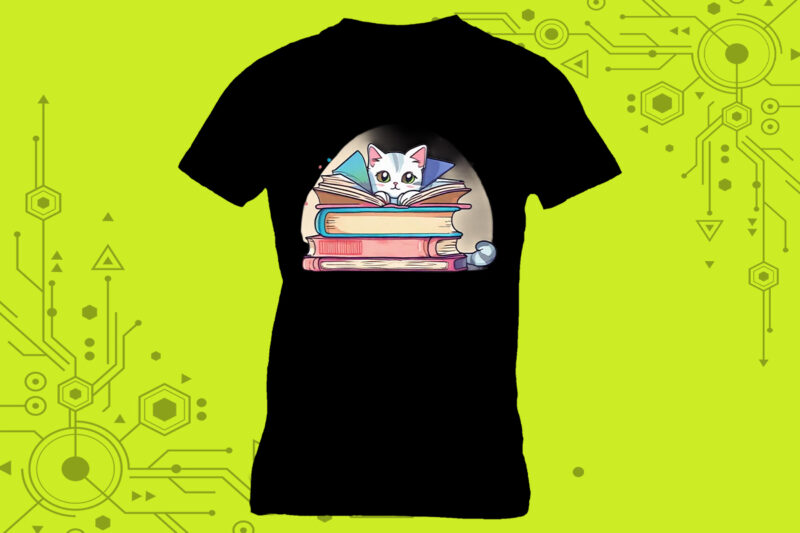 Book-loving cat illustration clipart designed for a stylish tshirt meticulously crafted for Print on Demand websites