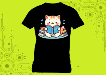 Cartoon Character Cozy t-shirt design featuring an adorable cat engrossed in a good book curated specifically for Print on Demand websites