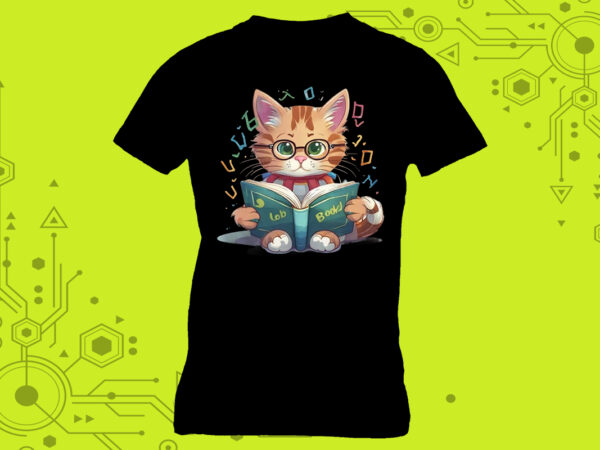 T-shirt design featuring a cat absorbed in reading with book lover vibes meticulously crafted for print on demand websites