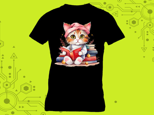 Sweet bookworm cat illustration clipart ideal for your t-shirt design meticulously crafted for print on demand websites