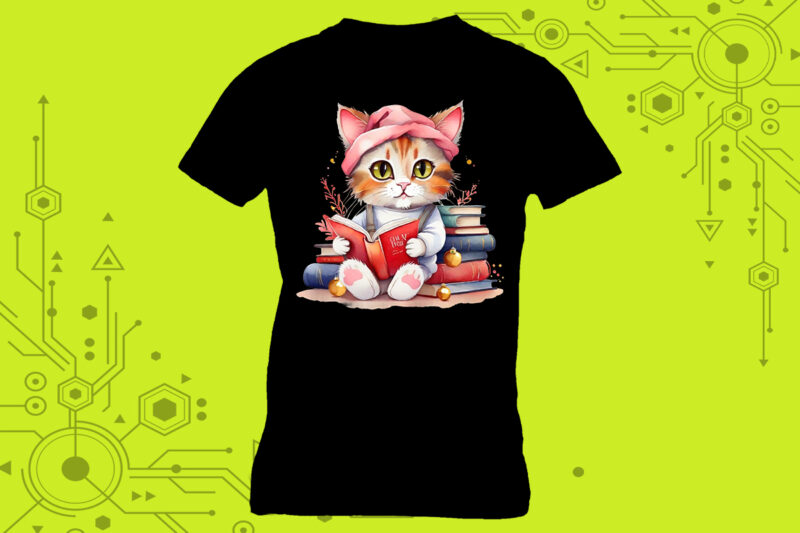 Sweet Bookworm cat illustration clipart ideal for your t-shirt design meticulously crafted for Print on Demand websites