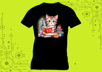 Whiskered reader cat in an illustration clipart for a book-themed tshirt meticulously crafted for Print on Demand websites