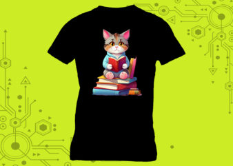 Cat Reading book illustration graphics for t-shirt design expertly crafted for Print on Demand websites