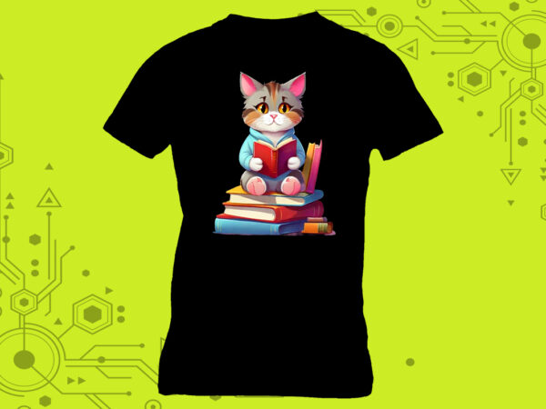 Cat reading book illustration graphics for t-shirt design expertly crafted for print on demand websites