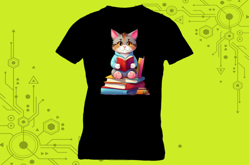 Cat Reading book illustration graphics for t-shirt design expertly crafted for Print on Demand websites