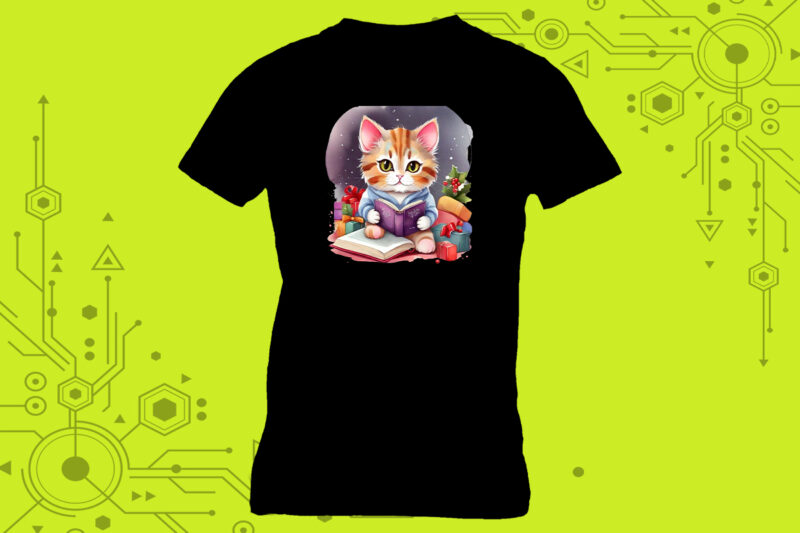 Illustration clipart of a book enthusiast cat for a t-shirt design expertly crafted for Print on Demand websites