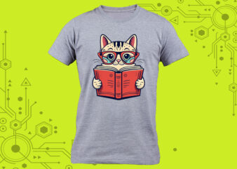 Illustration clipart of a literary feline for a cozy t-shirt design for Print on Demand websites
