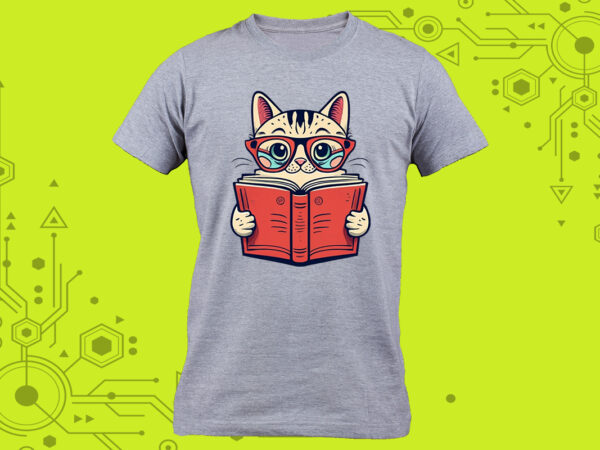 Illustration clipart of a literary feline for a cozy t-shirt design for print on demand websites