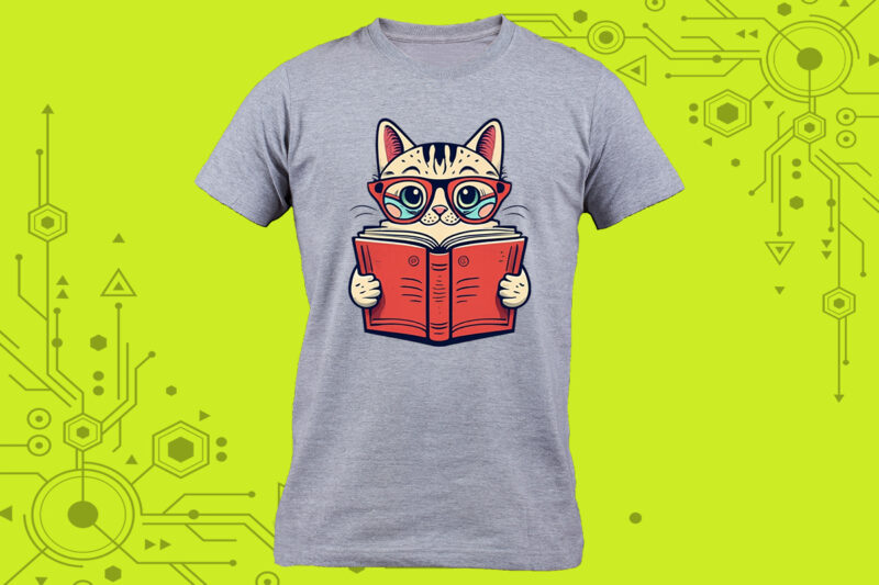 Illustration clipart of a literary feline for a cozy t-shirt design for Print on Demand websites