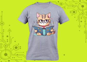 Pocket Tshirt design idea A cat immersed in a book with a charming illustration tailor-made for Print on Demand platforms