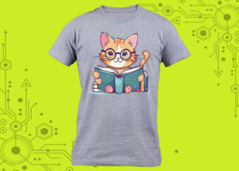 Delightful Pocket Tshirt design idea A cat immersed in a book with a charming illustration tailor-made for Print on Demand platforms