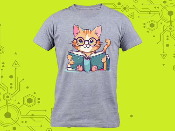 Delightful pocket tshirt design idea a cat immersed in a book with a charming illustration tailor-made for print on demand platforms