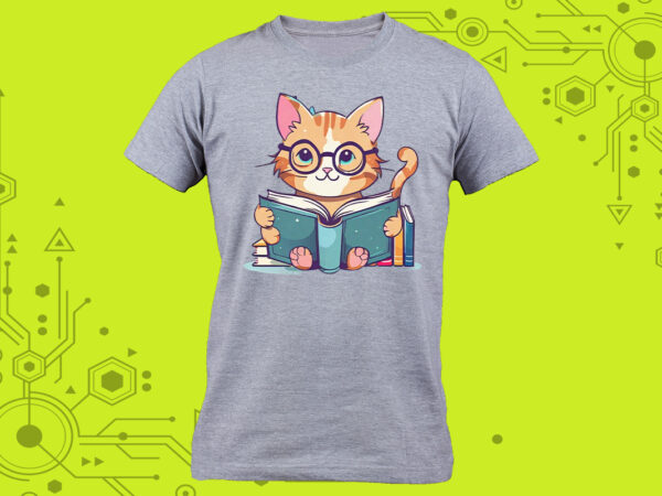 Delightful pocket tshirt design idea a cat immersed in a book with a charming illustration tailor-made for print on demand platforms Delightful pocket tshirt design idea a cat immersed in a book with a charming illustration tailor-made for print on demand platforms