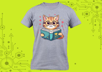 Clipart of a literary Feline for a cozy t-shirt design for Print on Demand websites