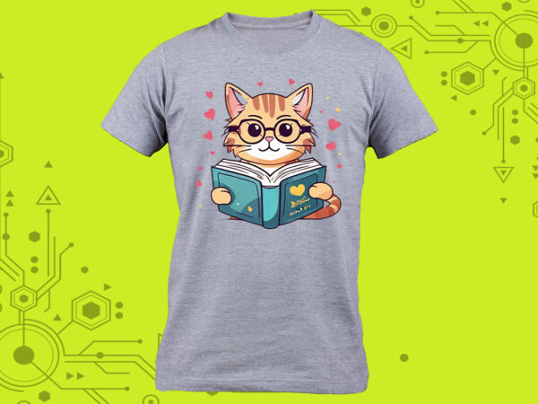 Clipart of a literary feline for a cozy t-shirt design for print on demand websites