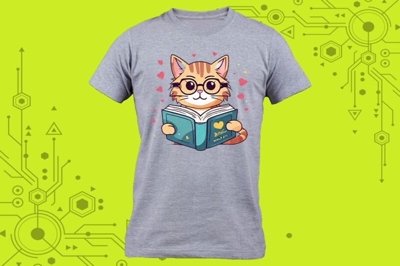 Clipart of a literary Feline for a cozy t-shirt design for Print on Demand websites