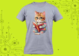 Cozy t-shirt design featuring an adorable cat engrossed in a good book curated specifically for Print on Demand websites