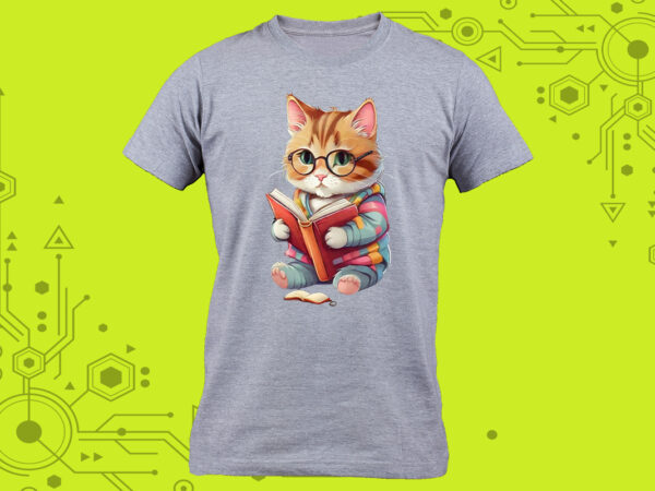 Cozy t-shirt design featuring an adorable cat engrossed in a good book curated specifically for print on demand websites